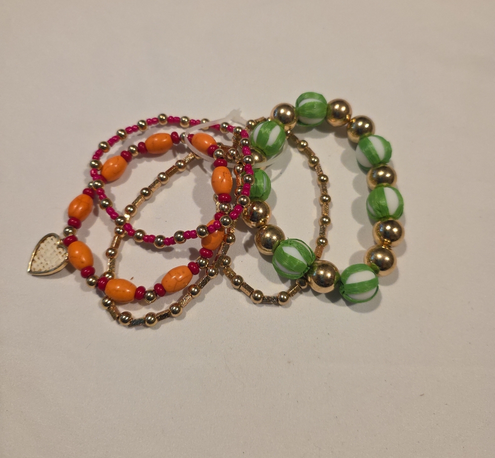 Bright Beaded Stretch Bracelet Set in Green, Orange & Pink with Gold Accents